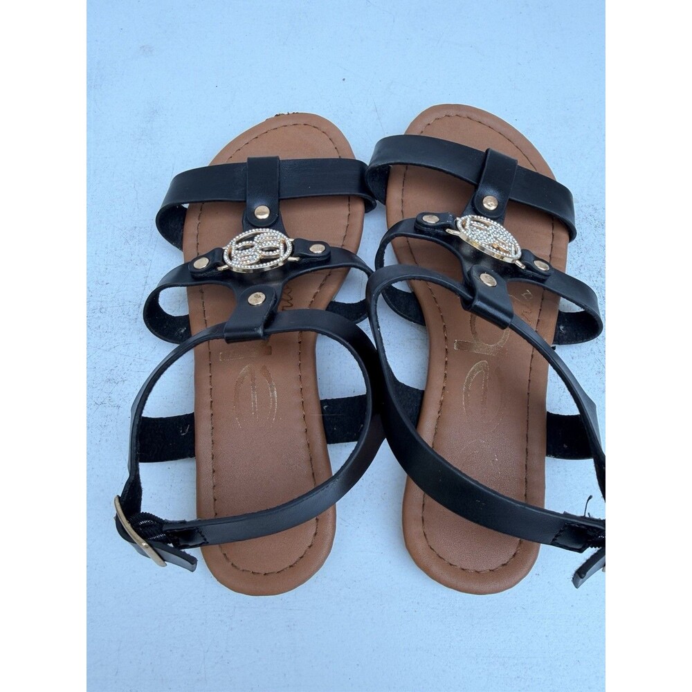 bebe Girls Size 2 Black Gladiator Sandals Rhinestone Logo Ankle Strap Gold Studs - Picture 3 of 4